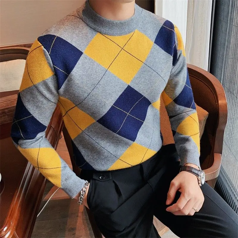 American Argyle Casual Sweaters Autumn Winter New Round Neck Men's Clothing Vintage Contrasting Colors Spliced Knitted Pullovers