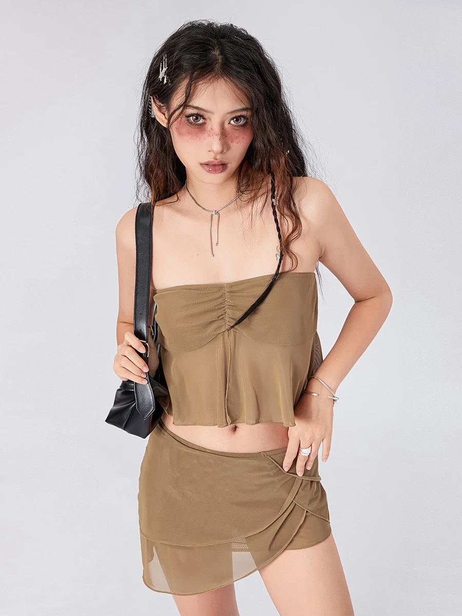 Dames 2 Delige Zomeroutfits Met Ruches Mesh Bandeau-Tops En Elastische Onregelmatige Mini-Rok Streetwear Esthetische Kleding