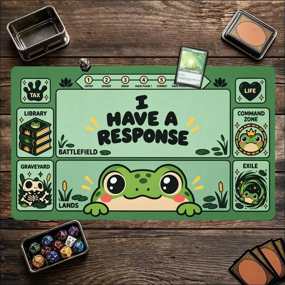Cute Frog MTG Commander Playmat I Have A Response Funny Counterspell TCG Zoned Play Mat Green Magic The Gathering Card Game Mat