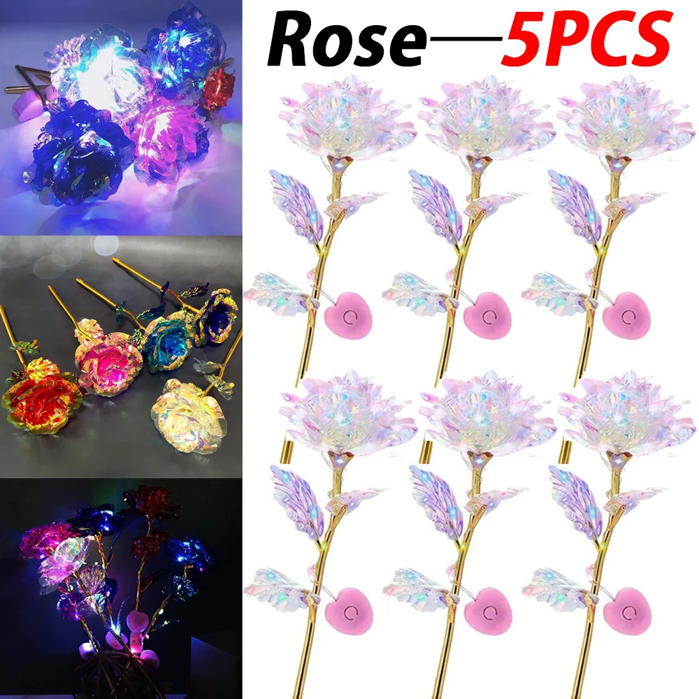 5Pcs LED 24K Foil Plated Rose Valentine's Day Mother's Day Gift Artifical Flower Rose Wedding Anniversary Lover Light Up Roses