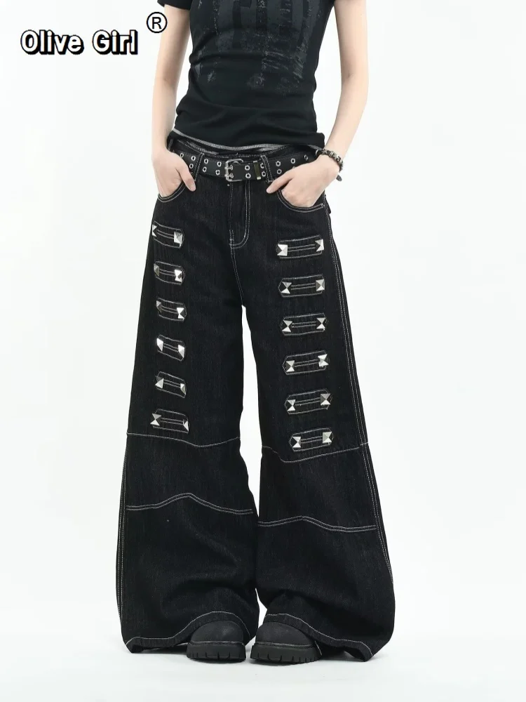 Olivegirl 2026 Women's Jeans Trousers Women Straight Trousers Gothic Y2K American Patchwork Rivet Design Black Loose Streetwear