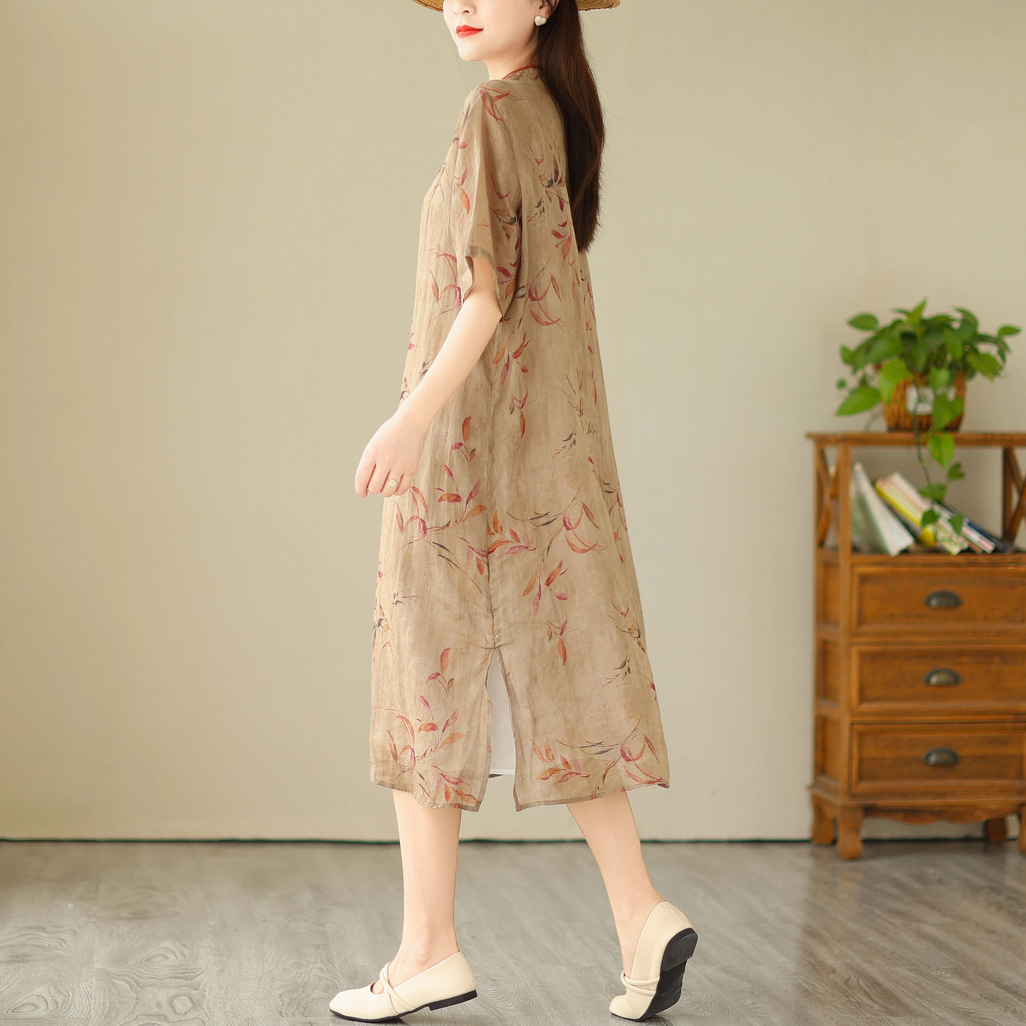 Vestido F E Estilo Chinês Retrô Bordado em Aodão e Linho,  Modificado de Alta Qualidade, Manga Média...