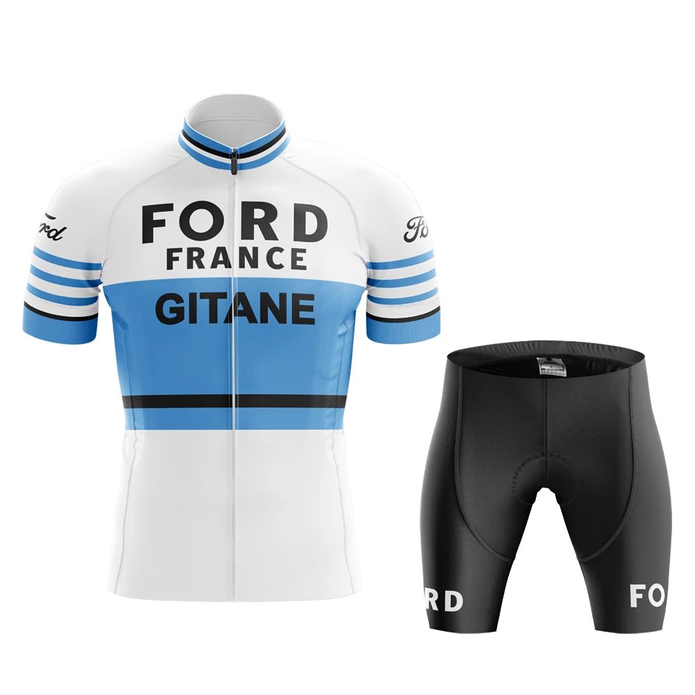 Ford France Hutchinson Merino Men Retro Cycling Jersey Set Short Sleeves Riding Pants Classical Mtb Triathlon Maillot Ciclismo