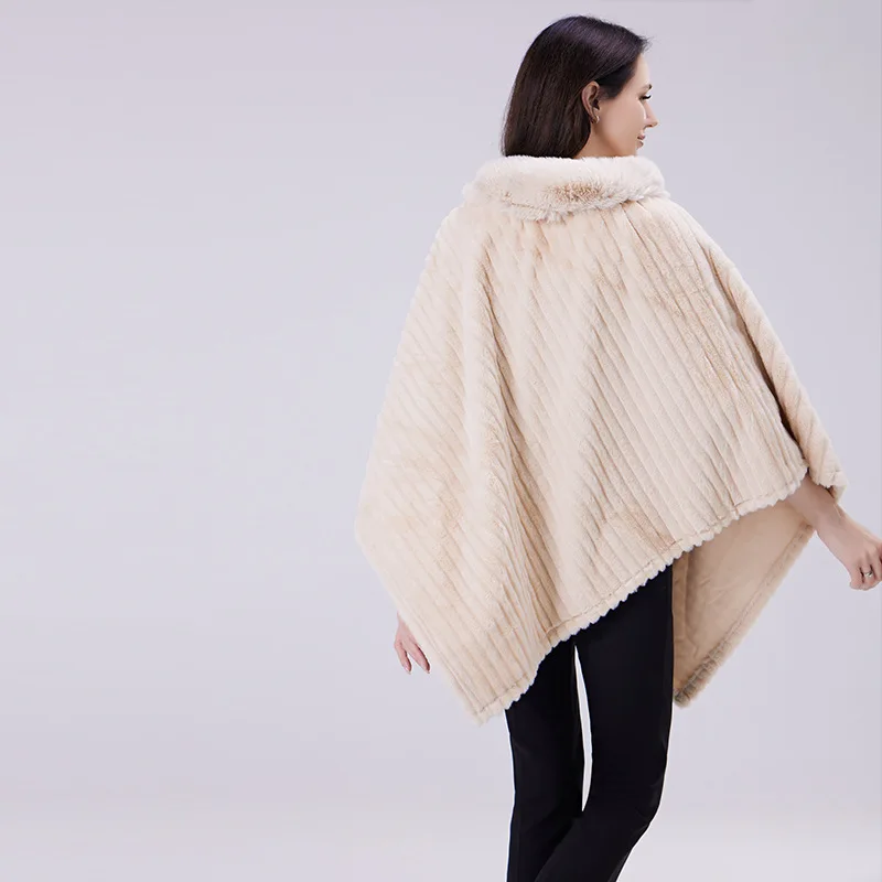 Autumn Winter Faux Mink Fur Collar Pullover Shawl Irregular Large Size Knitted Cape Loose Cloak Coat For Women Warm Cashmere