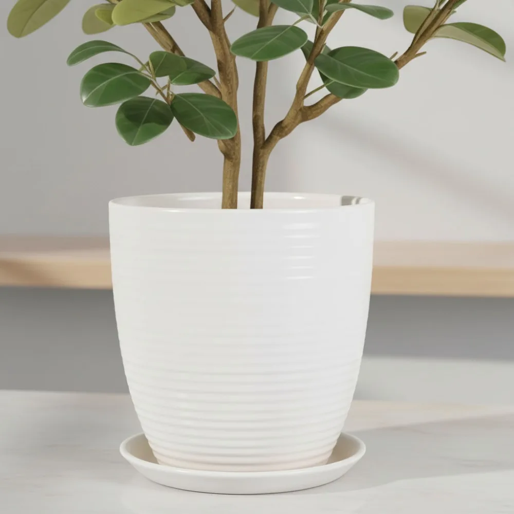 

10-дюймовый белый керамический горшок с дренажным отверстием и блюдцем, современный круглый цветочный горшок для комнатных и уличных растений в саду