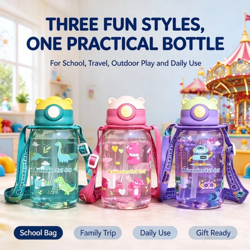 650ml Kids Straw Water Bottle, Leakproof Portable Cute Children Drinking Cup for Sports, Gym, School & Outdoor Activities