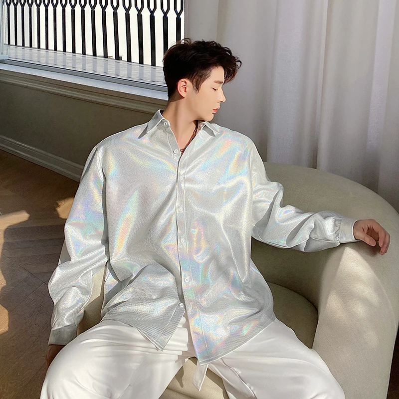 

Holographic Rainbow Color Shining Long Sleeve Shirt Men Fashion Nightclub Dj Singer Performance Stage Costume Harajuku