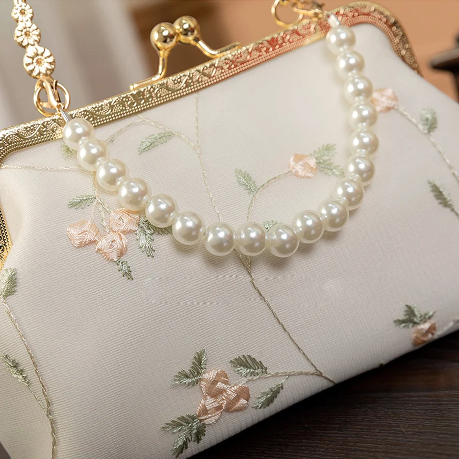 Vintage Lace Embroidery Women Handbag Shell Metal Clip Clutch Purse Pearl Chains Ladies Small Shoulder Crossbody Bag Sacs a main