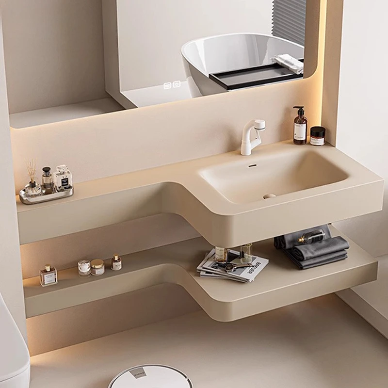Milk tea color, integrated basin hanging smart bathroom cabinet combination cream wind toilet washstand