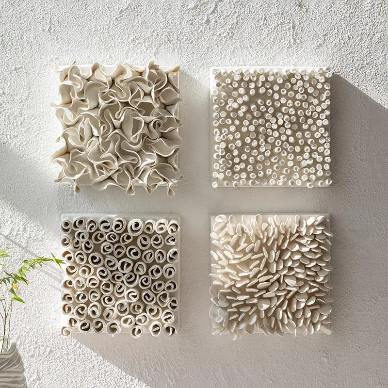 

Creative Square White Flower Wall Hanging Painting Living Room Decoration Ceramic Art Petal Wall Hanging Painting Interior Decor