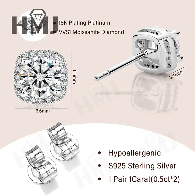 100% 925 Sterling Silver 1 Carat Moissanite Stud Earrings Hip Hop Rock Style Couple Men Women Anniversary Birthday Gift