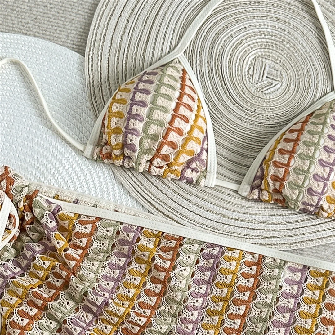Mit Sarong-Halter, farbenfrohem Bikini, Damen-Badebekleidung, dreiteiligem Bikini-Set, gepolstertem Badeanzug, Badeanzug, Schwimmbekleidung V7597 – Detail 15