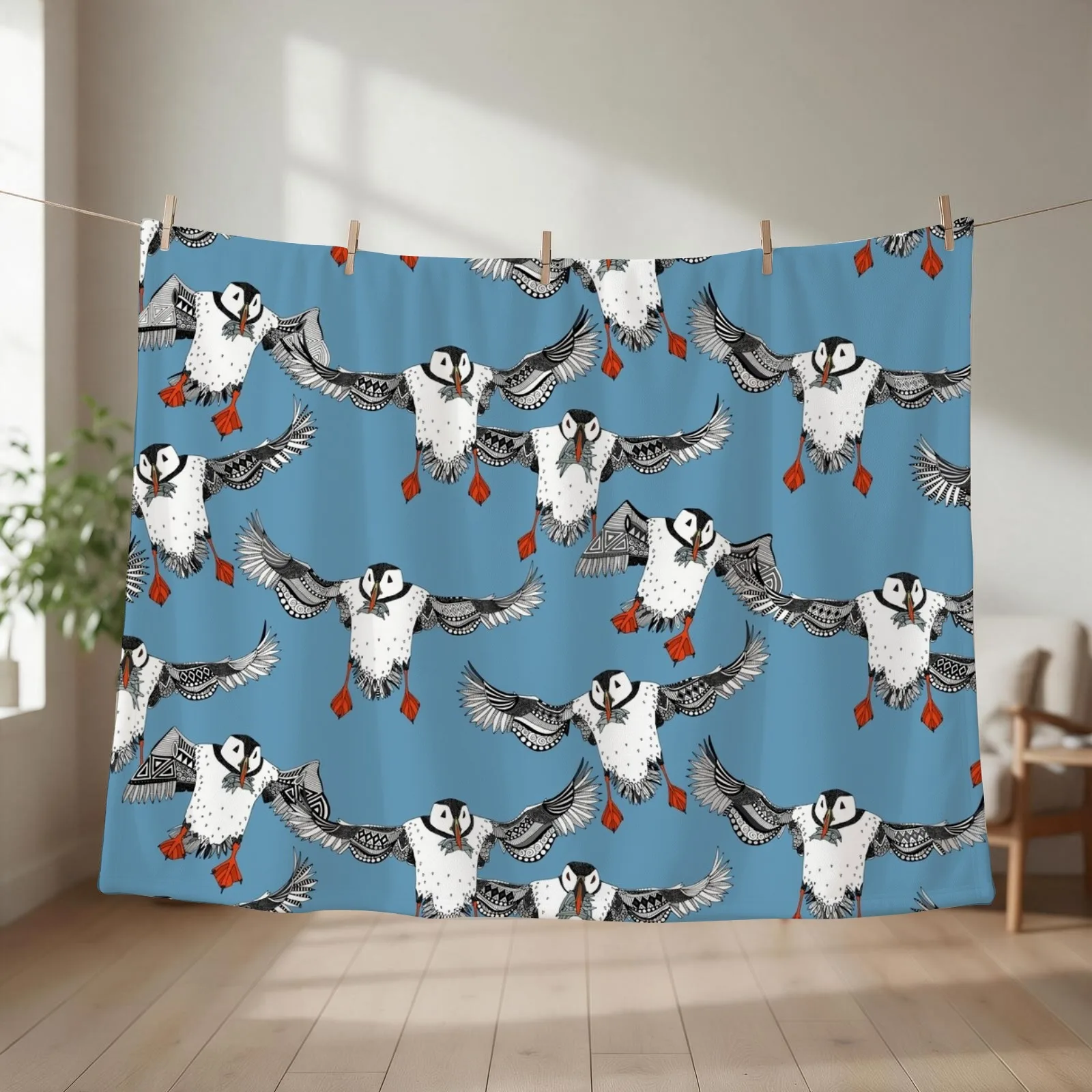 Atlantic Puffins blue Throw Blanket