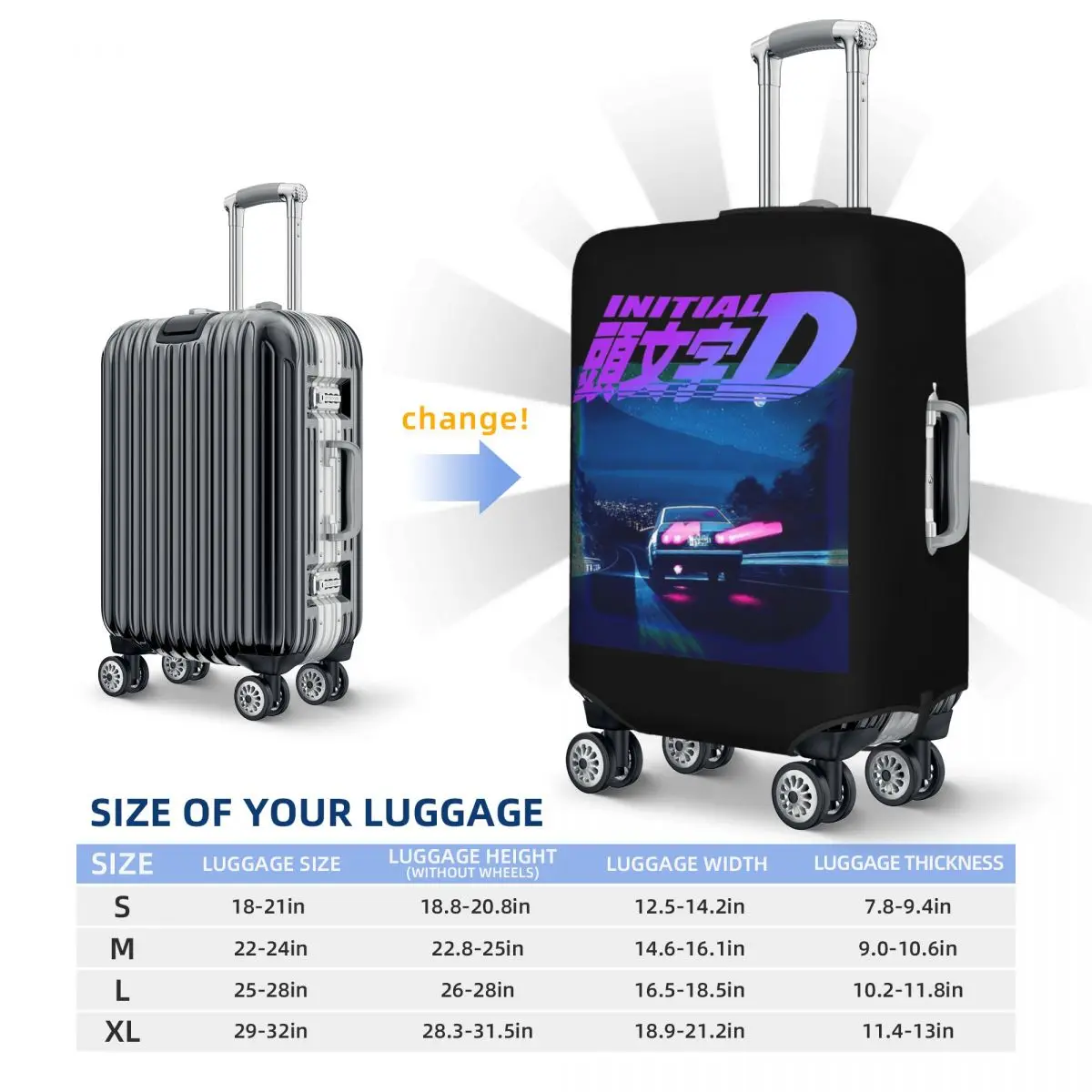 Initial D Neon Ae86 Suitcase Cover Protection Elastic Travel Luggage Protector Covers for 18-32 Inch