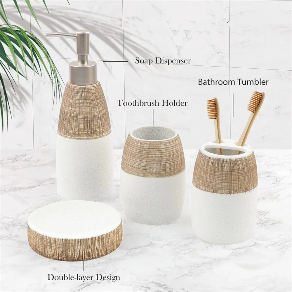 4 Pcs Brown White Ceramic Bathroom Accessories Set Includes Toothbrush Holder, Toothbrush Cup, Soap Dish, Countertop Decor