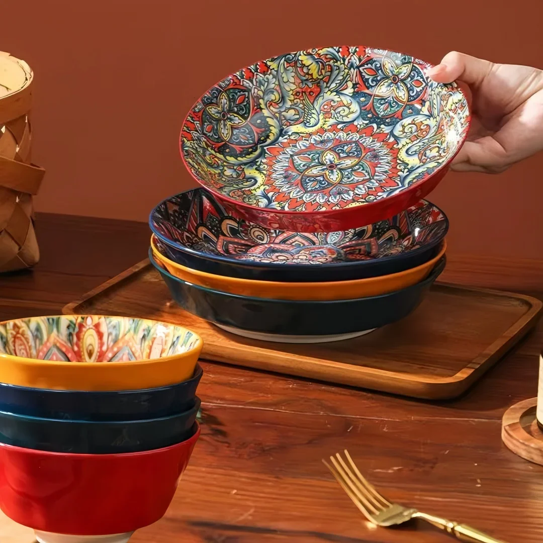 Bohemia ceramic plate 7-piece set, high-value dessert plate, retro steak plate, pasta bowl, salad bowl, artistic soup bowl