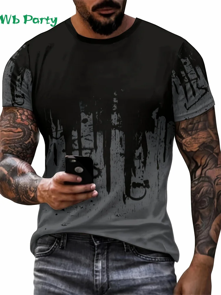 Black and Grey Gradient Print T-shirt with Paint Splash Design Short Sleeve Tee Casual Round Neck Mens Clothing Mens T shirt Top