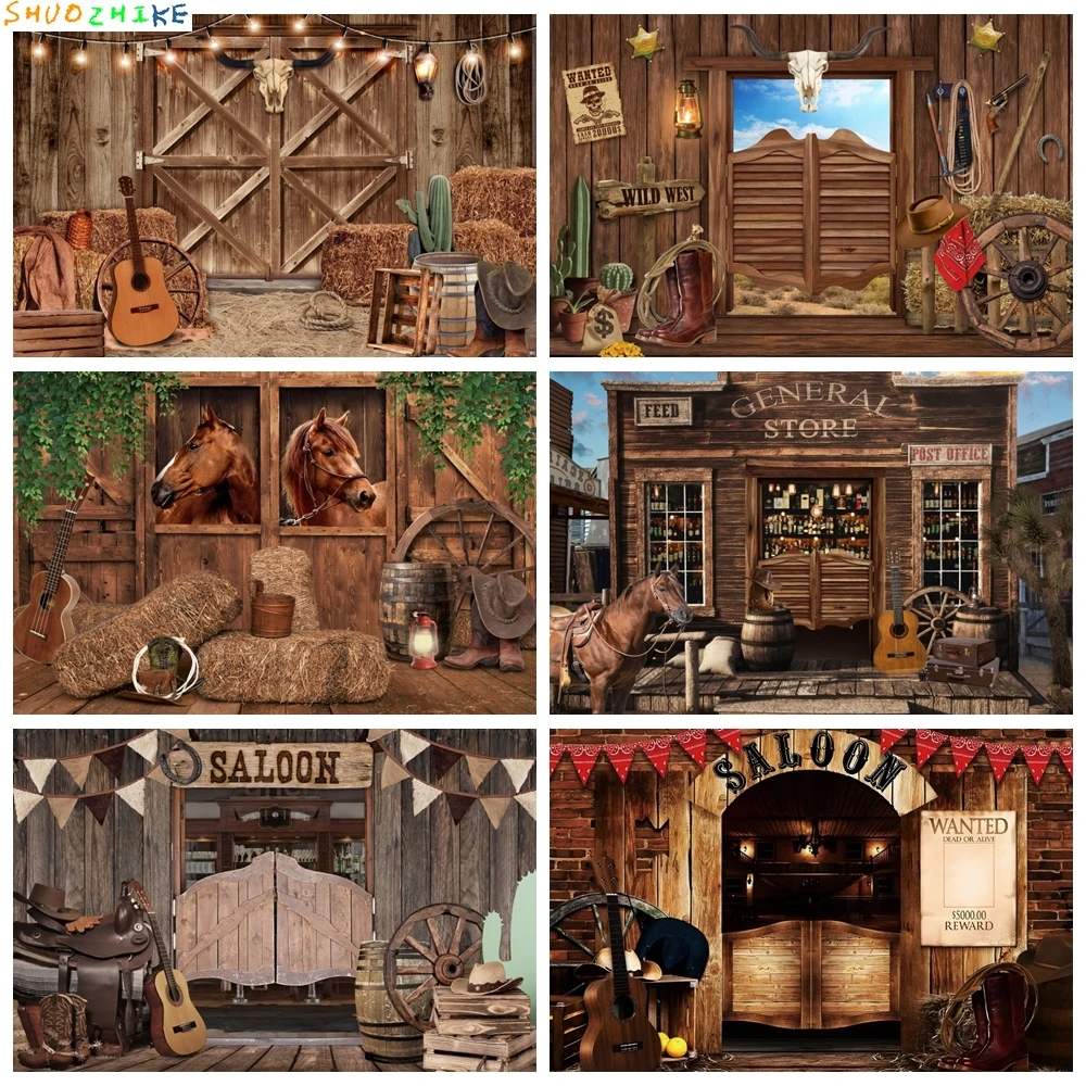 

Western Cowboy Backdrop for Photography Wild West Rustic Farm Barn Wooden House Birthday Party Kids Portrait Photo Background