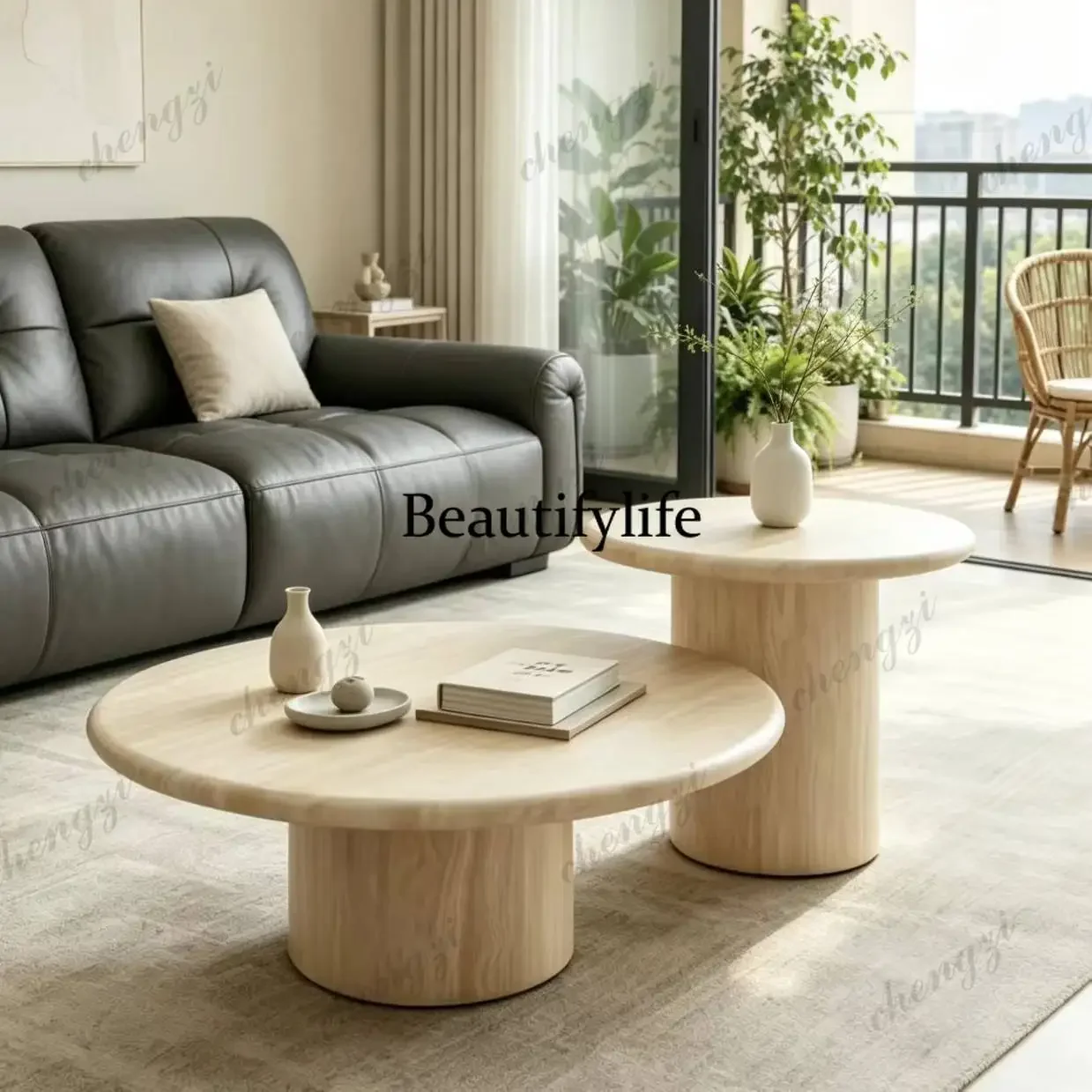 p182 Natural imported travertine round coffee table French medium and ancient style home living room small apartment advanced