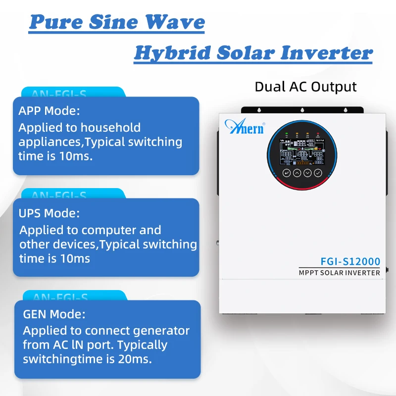 Anern 12KW  Solar Hybrid Inverter 160A 48V MPPT Solar Battery Charge Dual AC Output Pure Sine Wave High Frequency Inverter