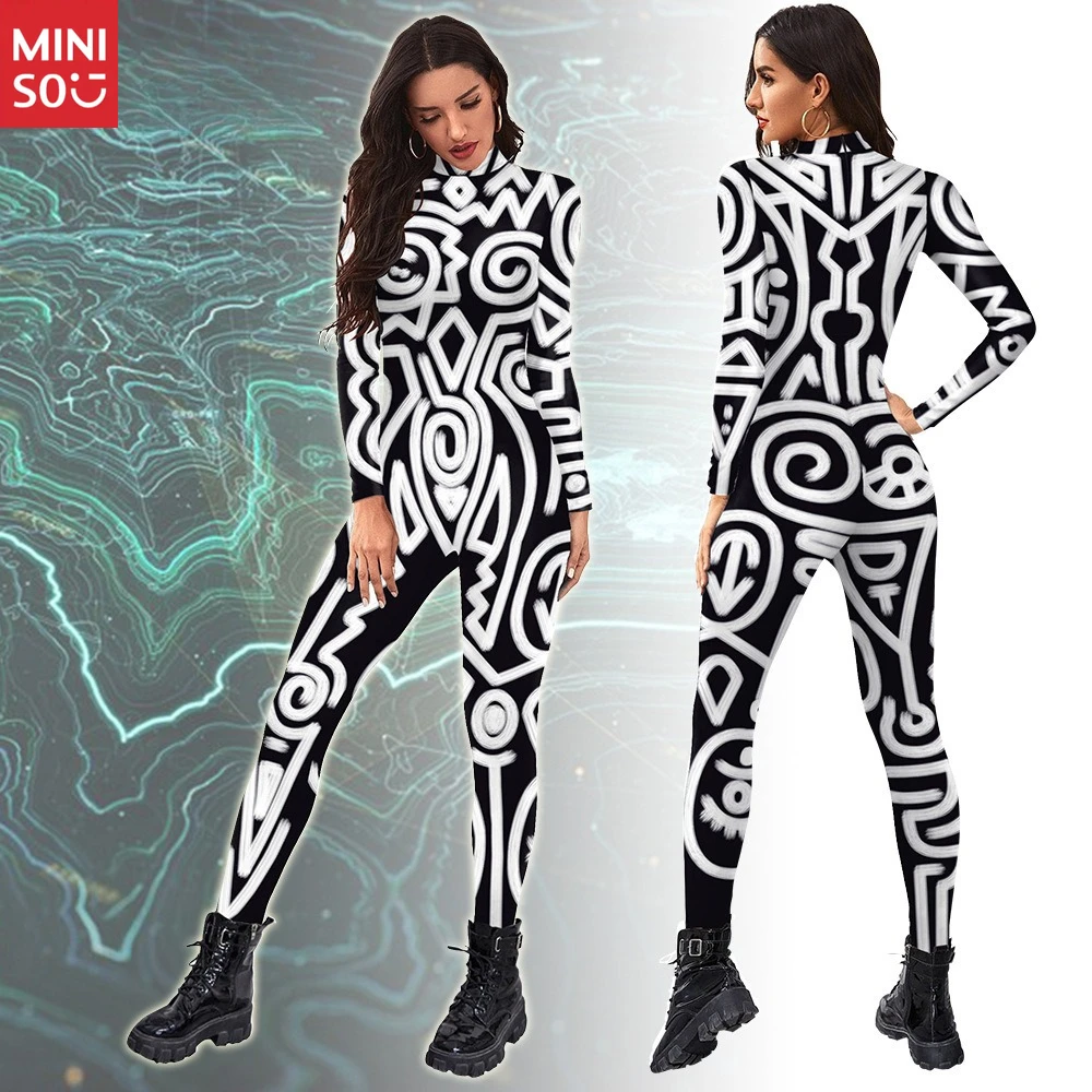 

Black White Geometric Jumpsuit 2025 | Slim Fit High Neck, Euro Style One-Piece