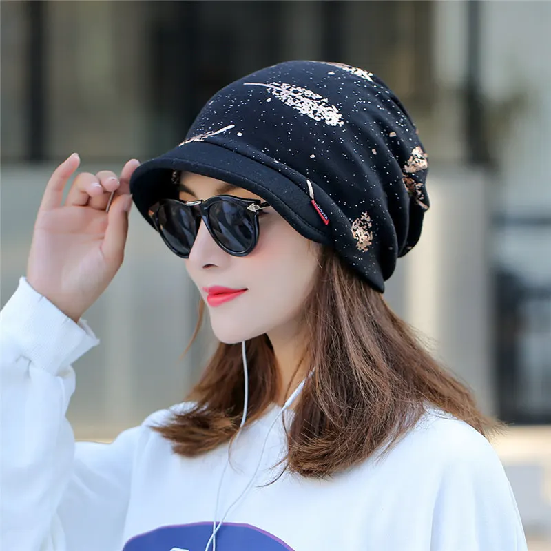 

Ponytail Beanie Turban Hat Lady Korean Winter Cap Outdoor Cold Proof Warm Bonnet Womens Hats Windproof Feather Pattern