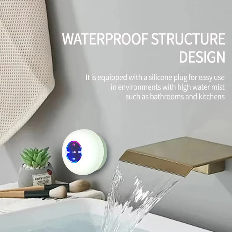 Haut-parleur de douche Bluetooth portable étanche avec ventouse et lumières LED, caisson de basses stéréo Surround 3D