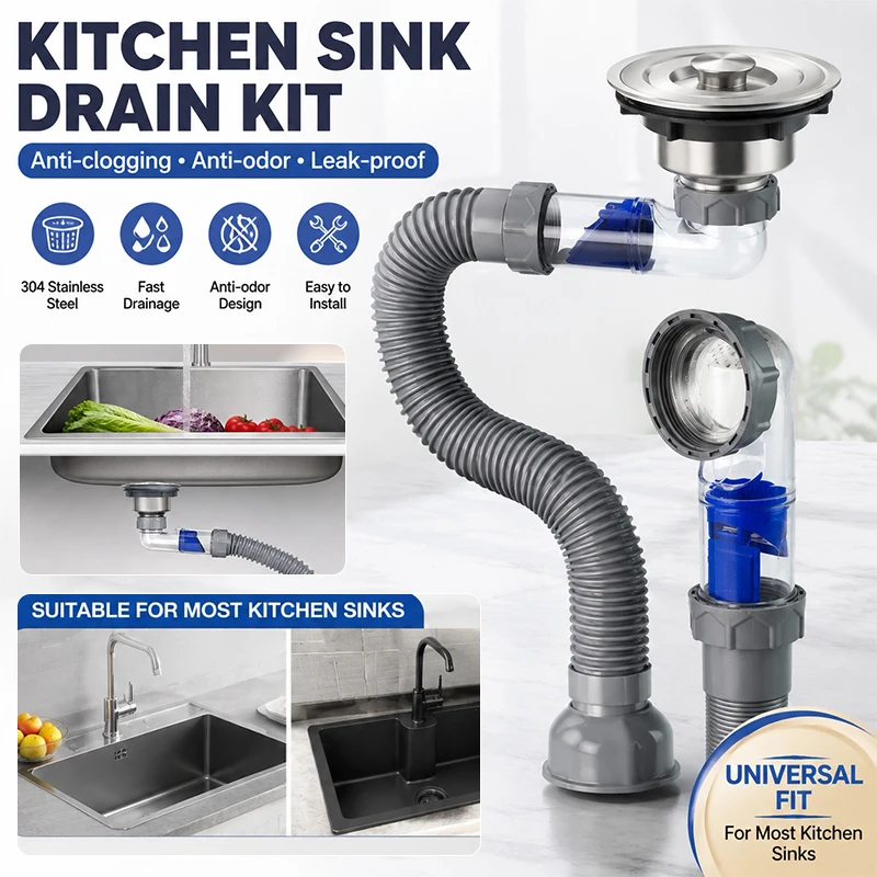 Sink Drain Strainer Set w/ Retractable Anti-Clogging Deodorizing Hose, Easy to Remove, Long Life for Single Bowl & Mop Sink