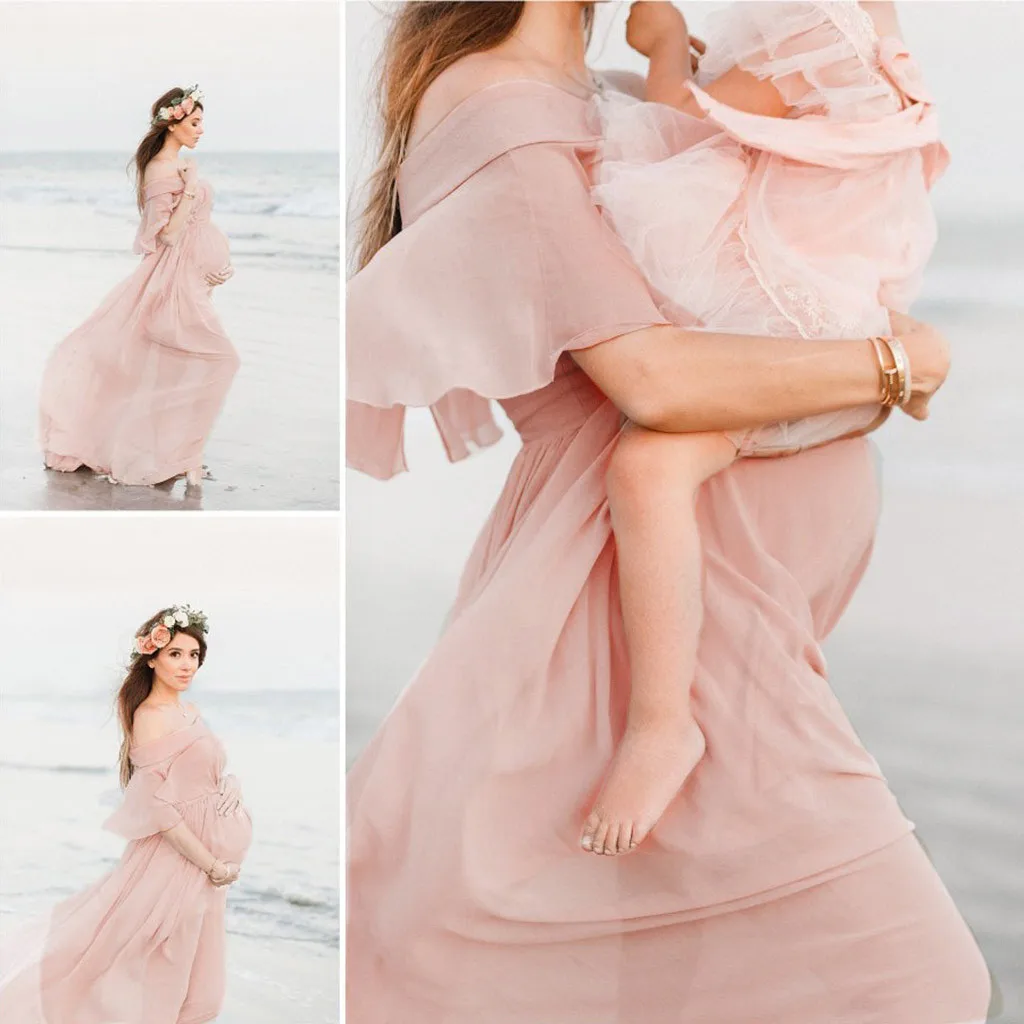 

New Women's Romantic Maternity Dress Shoulder Flounce Bride Wedding Ruffle Party Photograph Dress for Photo Shoot Baby Shower