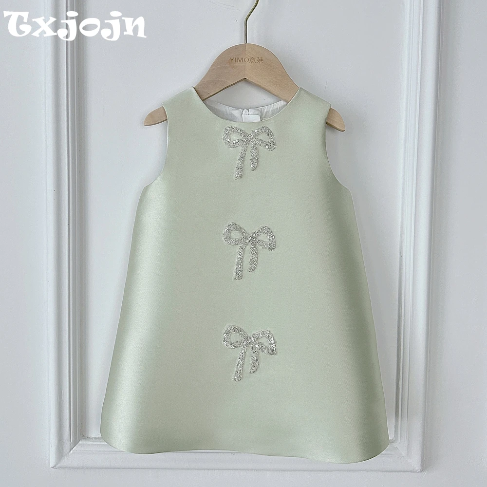 

Милая элегантная юбка выше колена с бантом из бисера для девочек на день рождения, простое удобное детское платье принцессы без рукавов с одним вырезом