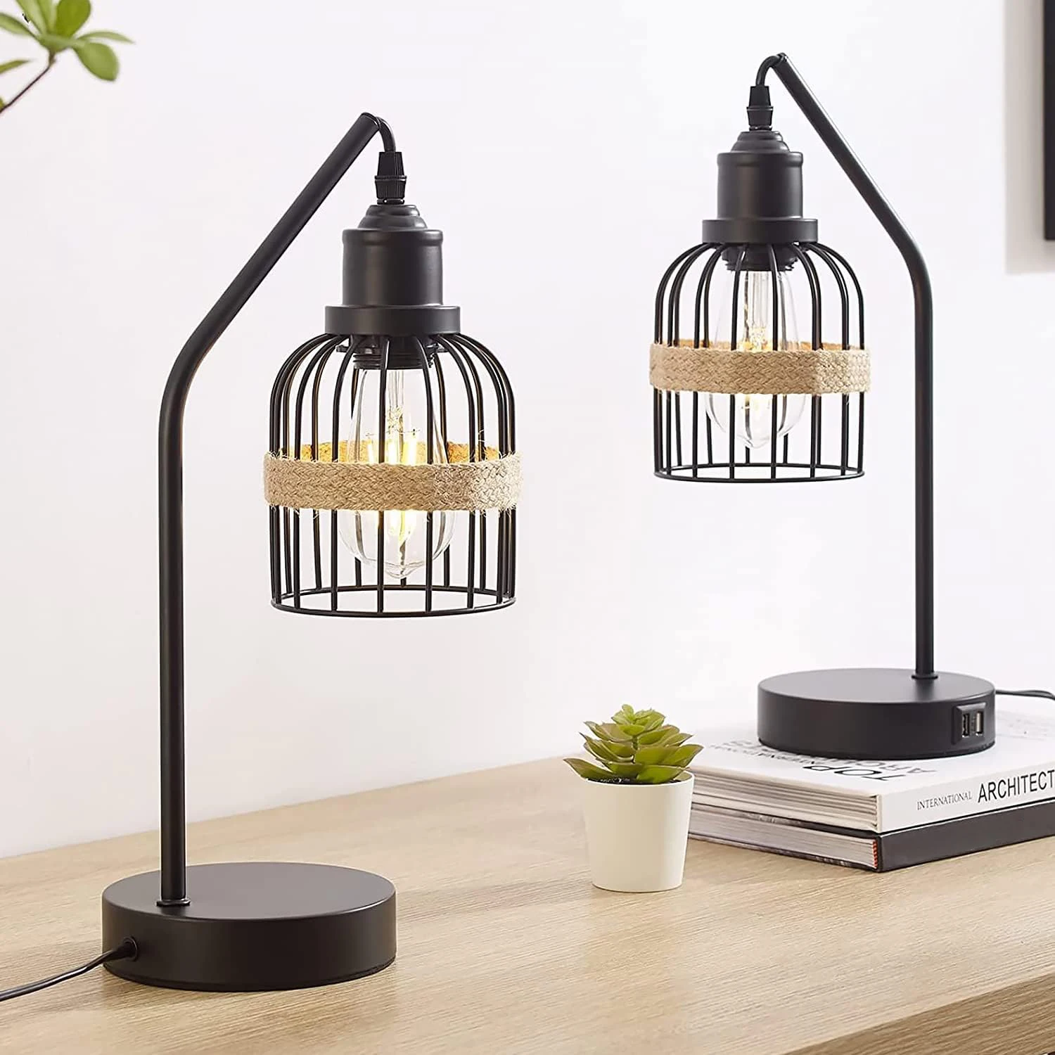 2 Set Industrial Nightstand Table Lamp,3-Way Dimmable ,Matte Black Lamp With Hemp Rope Metal Shade,For LivingRoom,Bedroom,Office