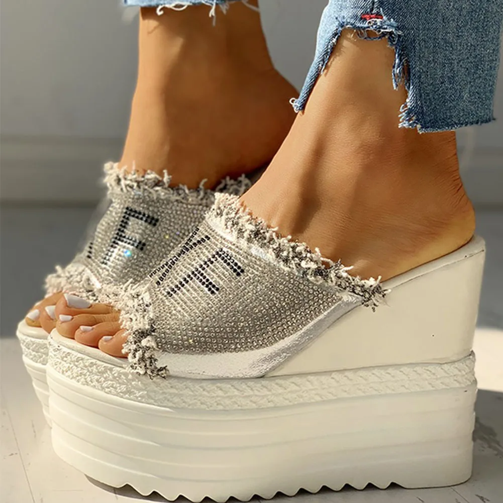 2023 New Women\'s High Heels Crystals Fashion Inner Height Leisure Summer Female Wedges Sandals Ladies Platform Mules Slippers