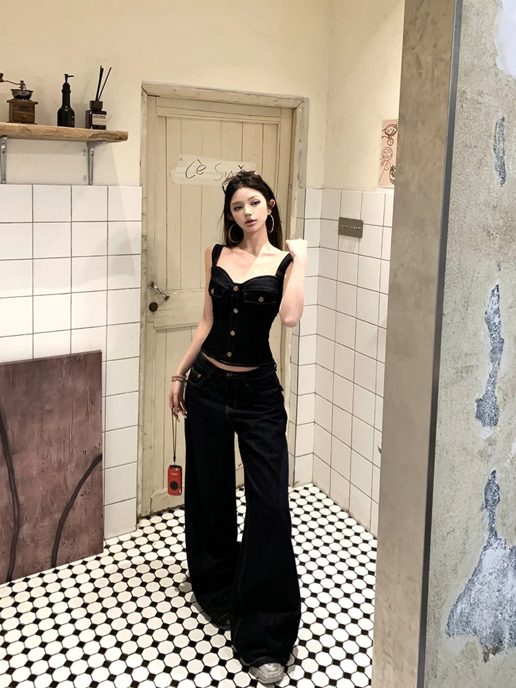 

Spring 2026 Women's Trendy High Waist Wide Leg Jeans Tank Top Set Fashionable Buttoned Crop Top Casual Slim Fit Denim Outfit