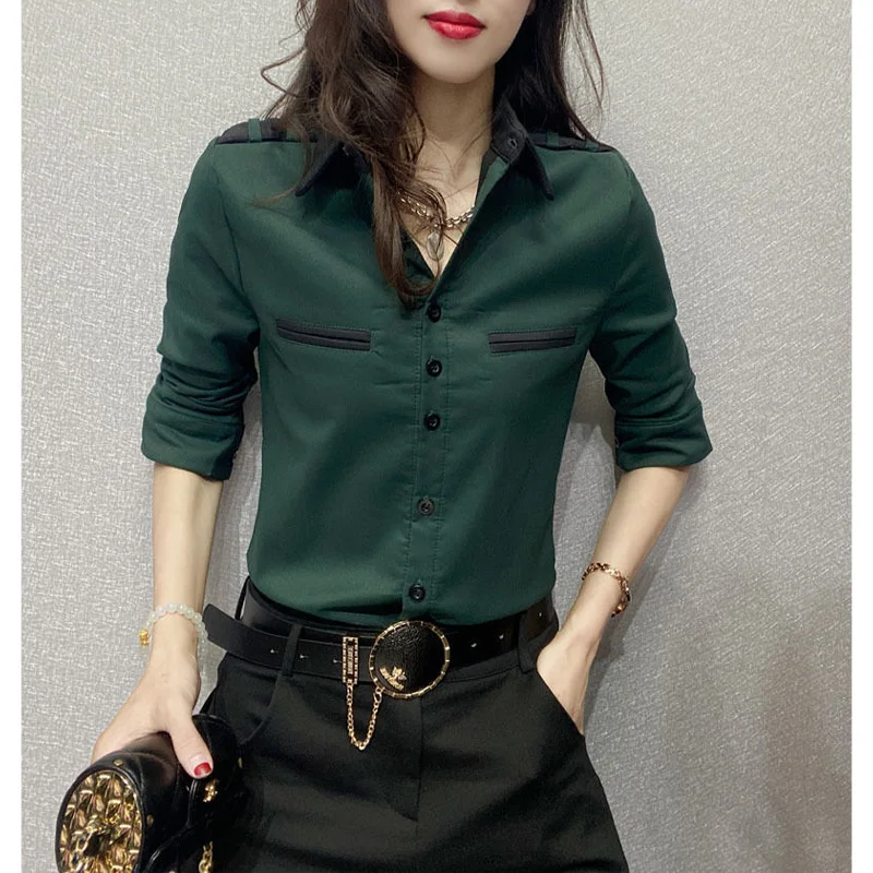 2023 New Spring and Autumn Fashion Style Business Casual Women\'s Oversized Slim Contrast Color Single Breasted Women\'s Shirt