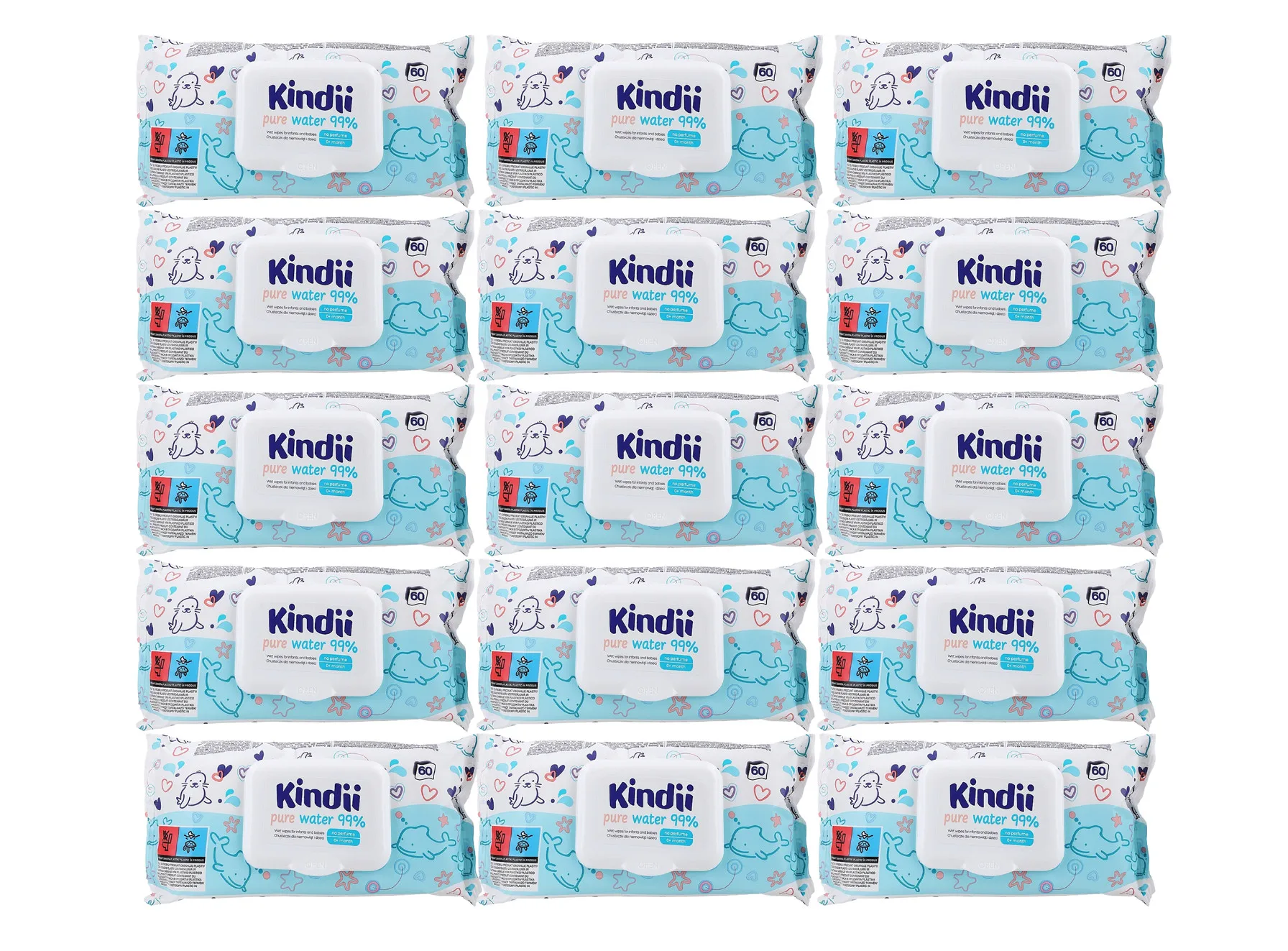 Kindii Pure Water Chusteczki nawilżane dla niemowląt - Woda o Czystości 99% 15 opakowań