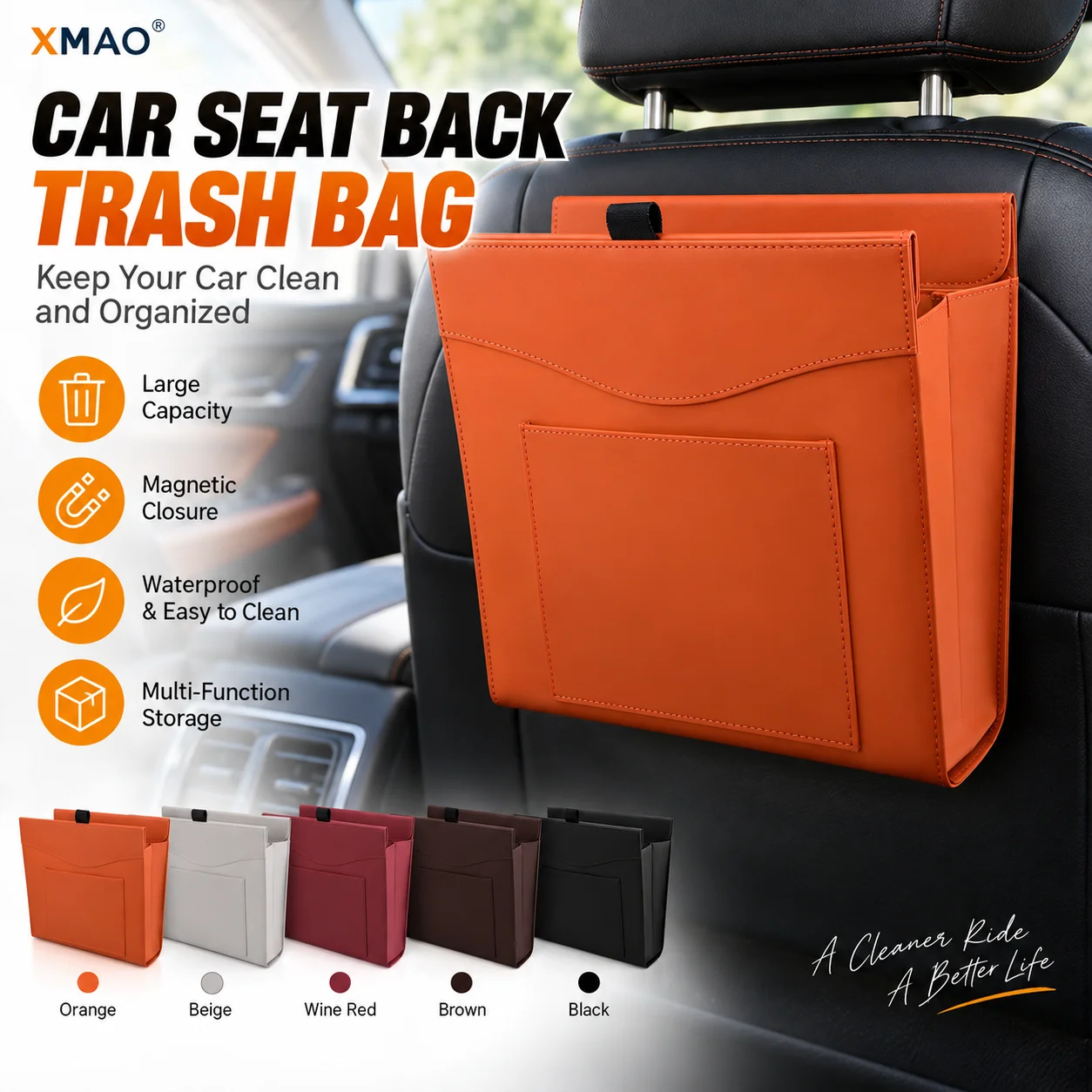 Car Rear Seat Trash Bag Magnetic Leather Hanging Organizer Waterproof Leakproof Liner Storage Bin for Vehicle Seat Back Use