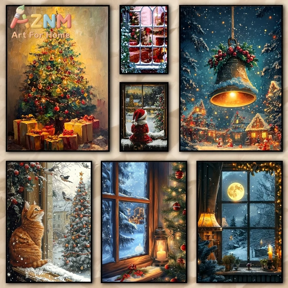 AZNM Frameless 2D Flat Winter Snow Christmas Tree Cat Bell Scenery Canvas Print, Reusable Warm Holiday Home Wall Art Decor