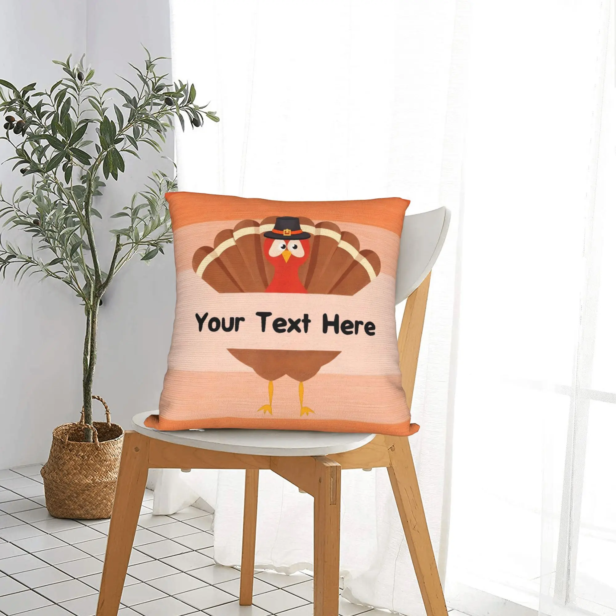 

Персонализированная декоративная наволочка на тему Дня благодарения с изображением индейки, текстом, фотографией и дизайном, на молнии, в деревенском стиле.