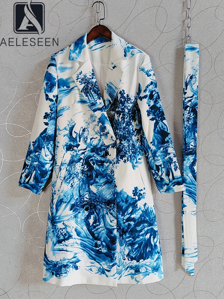 AELESEEN High Street Autumn Winter Trench Women Designer Fashion Blue Flower Printed Belt Double-breasted Pockets Elegant Coat