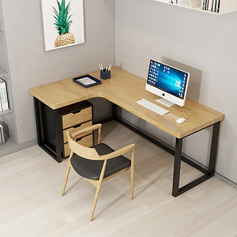 Simple retro solid wood corner desk, home wrought iron writing computer table corner L-shaped desk