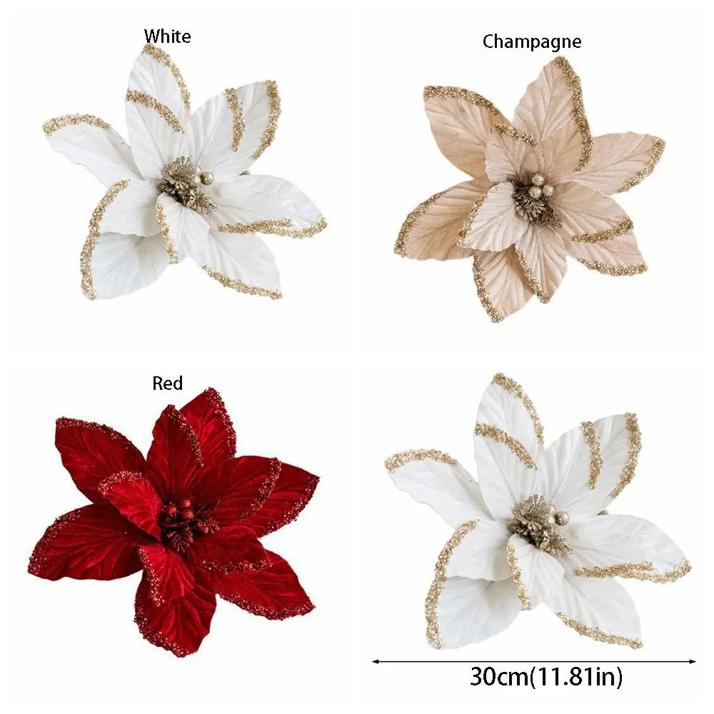 Fashion Long-lasting Glitter Christmas Flower Shiny Realistic Artificial Xmas Flowers DIY Simulation Handmade Flowers Wedding