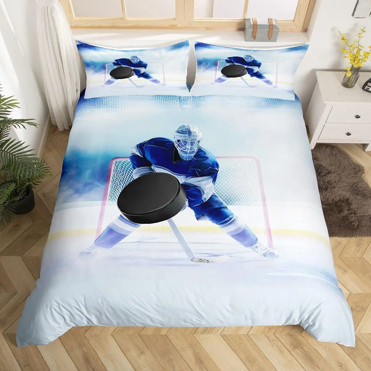 Ice Hockey Duvet Cover Hockey Bedding Set Full Queen Winter Games Sports Comforter Cover Ice Hockey Filed Player Bedspread Cover
