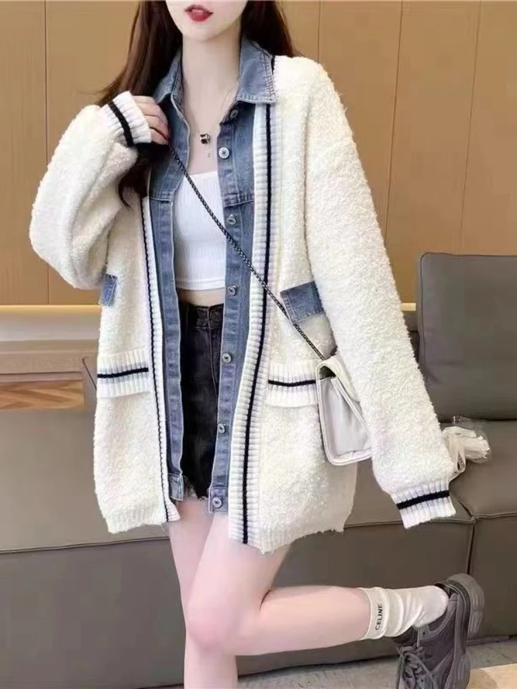 Cowboy Patchwork Cardigan Sweater Jacket women's Winter Autumn Knitted Sweater Casual Loose Coat Warmer Cardigan Tops