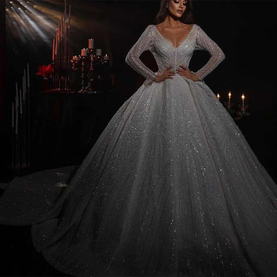 

Sparkly Ball Gown Wedding Dresses Long Sleeves V Neck Sequins Beaded Appliques 3D Lace Ruffles Bridal Gowns Vestina De Novia