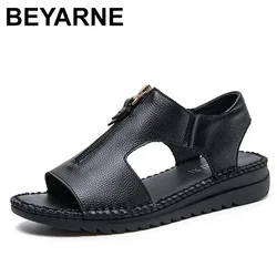 BEYARNEFashion sandali estivi fatti a mano da donna in vera pelle punta aperta cerniera frontale sandali piatti Casual sandali da donna mujer