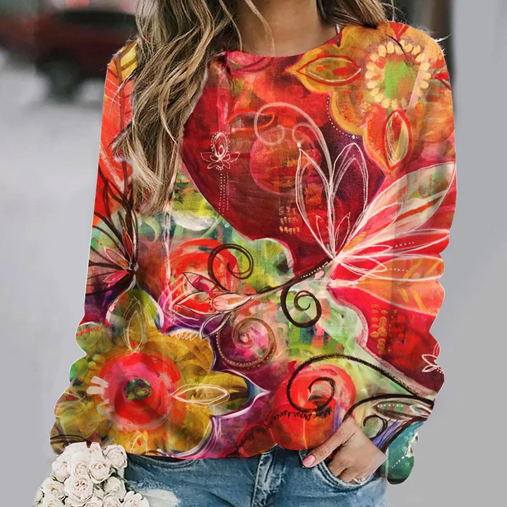 Flower Long Sleeves Round Neck Pullover Traf Autumn Winter Loose Tees for Women Ladies Sweatshirt Hoodies Unisex Blouse Mujer