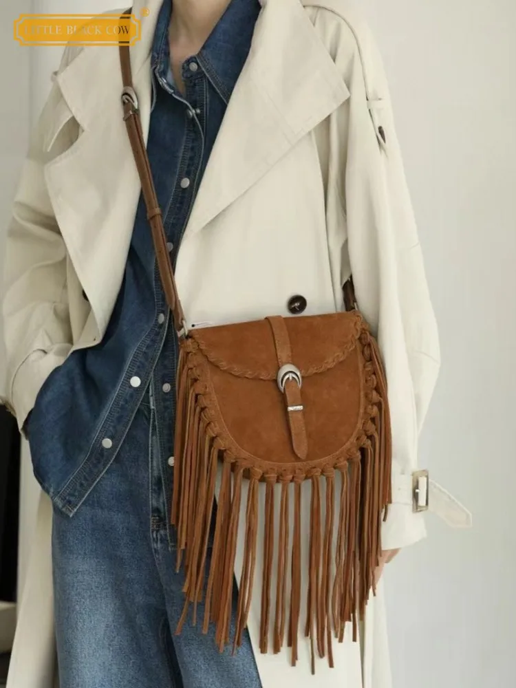 

Fashion Versatile Women Tassel Flap Pocket Suede Genuine Leather Single Shoulder Bag Crossbody Underarm Bag Office Lady Designer