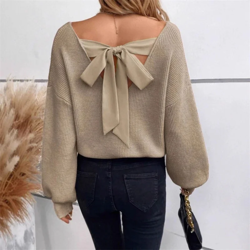 

Свитер с V-образным вырезом, однотонный, вязаный, свободного кроя, с длинными рукавами, повседневный, с бантом на спине, для женщин, уютный, осенний, для офиса, свиданий, вечеринок, осенний гардероб, подарок