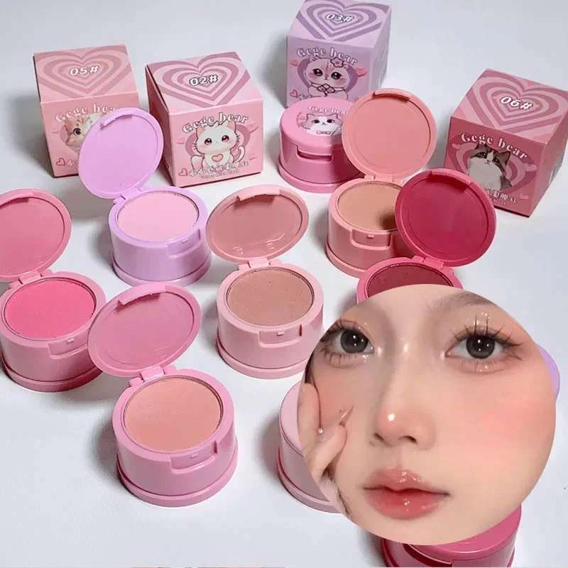 Heallor Cute Cat Blush Lasting Natural Matte Cream Rouge Pink Orange Cheek Contour Blusher Powder with Puff Makeup Face Brighten