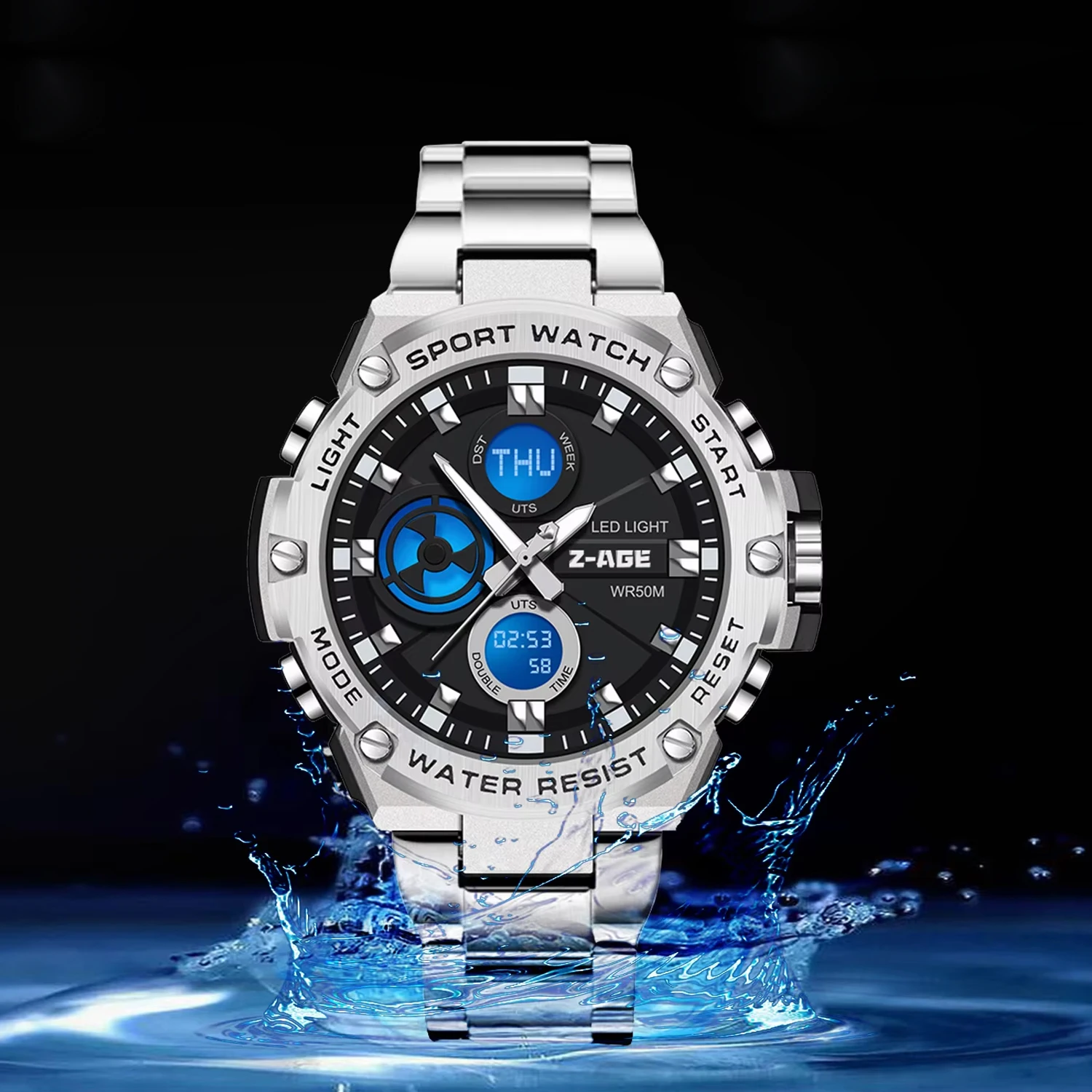 Brand Luxury Sports Quartz Chronograph Casual Waterproof Dual Display Watch Men's FOXBOX Stainless Steel Watch Military